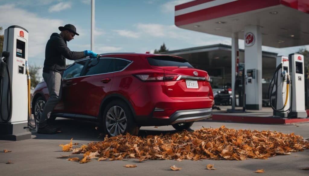 inflating tires at a gas station
